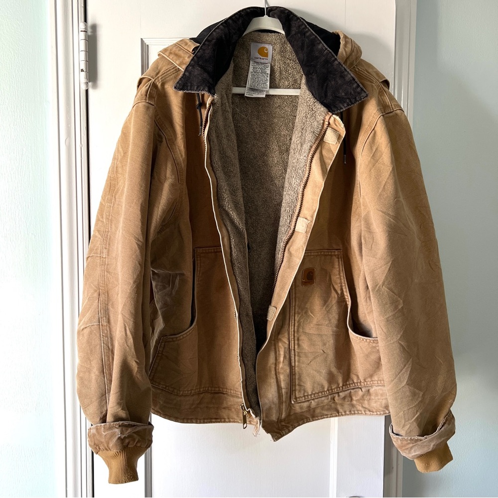 Vintage Tan Canvas Carhartt Jacket with Brown Corduroy Collar and Removable Hood
